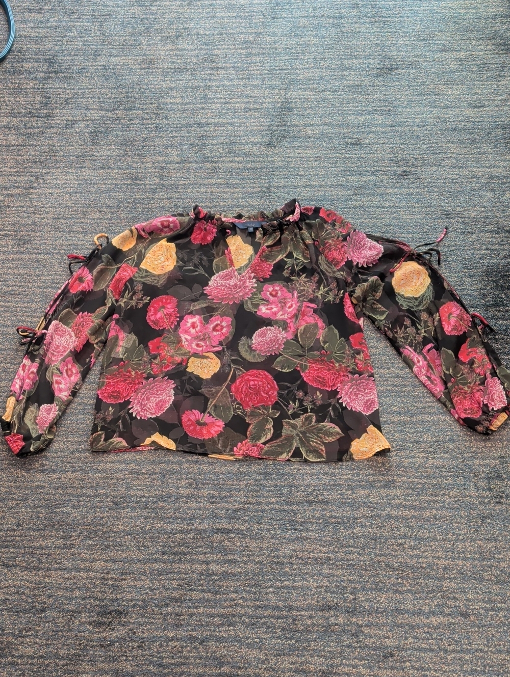 Rachel Black Floral Tie Sleeve Blouse with Pink & Yellow Blooms
